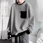 Threebooy Men Trendy Striped Patchwork Streetwear Y2K Oversize Basic T-shirt Japanese Style Round Neck Long Sleeve Cotton Tops Ropa Hombre